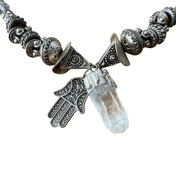 Clear Beaded Crystal at Bullet Hand of Fatima Pendant Necklace Silver Tone - Picture 2 of 5